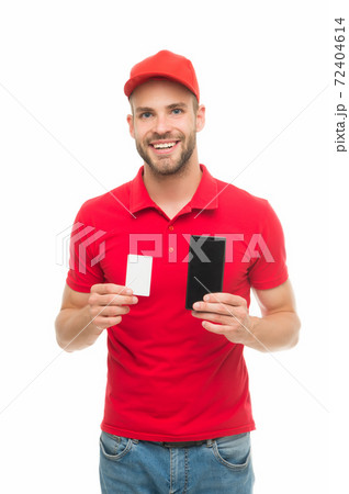 Discount that counts. Delivery man hold discount card Discount that counts. Delivery man hold discount card 72404614