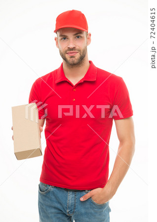 Happy man with post package isolated white. Delivering Happy man with post package isolated white. Delivering 72404615