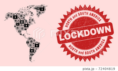 South and North America Map Composition of Locks and Covid and Distress Lockdown Stamp Seal South and North America Map Composition of Locks and Covid and Distress Lockdown Stamp Seal 72404819