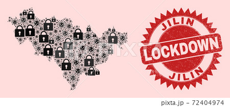 Jilin Province Map Mosaic with Locks and Viruses and Textured Lockdown Stamp Jilin Province Map Mosaic with Locks and Viruses and Textured Lockdown Stamp 72404974