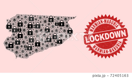 Warmian-Masurian Voivodeship Map Collage with Locks and Viral Items and Grunge Lockdown Stamp 72405163