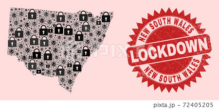New South Wales Map Mosaic of Locks and Viral Items and Scratched Lockdown Seal New South Wales Map Mosaic of Locks and Viral Items and Scratched Lockdown Seal 72405205