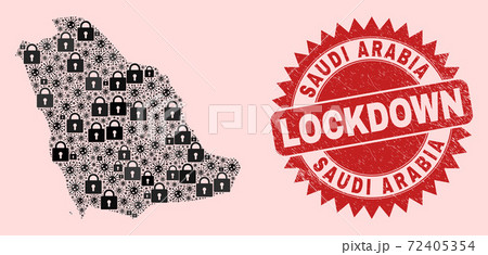 Saudi Arabia Map Mosaic with Locks and Covid-2019 and Distress Lockdown Stamp Seal 72405354