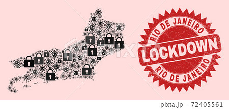 Rio De Janeiro State Map Composition of Locks and Coronaviruses and Distress Lockdown Stamp Seal 72405561