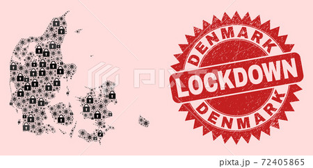 Denmark Map Mosaic with Locks and Coronaviruses and Scratched Lockdown Stamp Denmark Map Mosaic with Locks and Coronaviruses and Scratched Lockdown Stamp 72405865