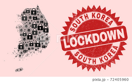 South Korea Map Mosaic of Locks and Coronaviruses and Textured Lockdown Seal 72405960