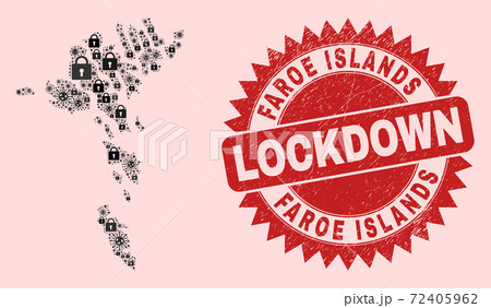 Faroe Islands Map Mosaic with Locks and Viral Items and Textured Lockdown Stamp Seal 72405962