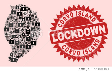 Corvo Island Map Mosaic of Locks and Covid and Grunge Lockdown Stamp Seal 72406301