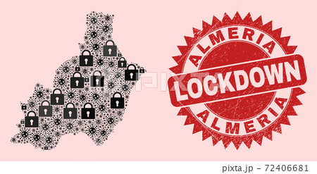 Almeria Province Map Composition with Locks and Viruses and Grunge Lockdown Stamp 72406681