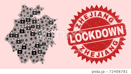 Zhejiang Province Map Mosaic with Locks and Viral Items and Scratched Lockdown Seal Stamp 72406781