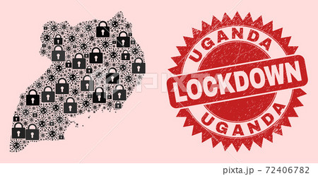 Uganda Map Collage with Locks and Viral Items and Scratched Lockdown Seal Stamp Uganda Map Collage with Locks and Viral Items and Scratched Lockdown Seal Stamp 72406782