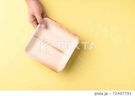 Hand holding betal palm leaf plate (Biodegradable, Compostable, Disposable or Eco friendly plate) 72407791
