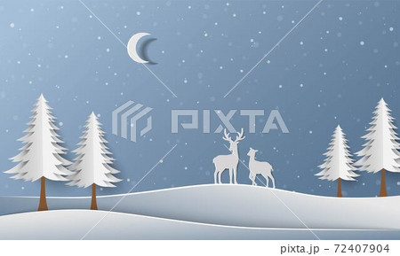 Winter forest with deer family on paper art background 72407904