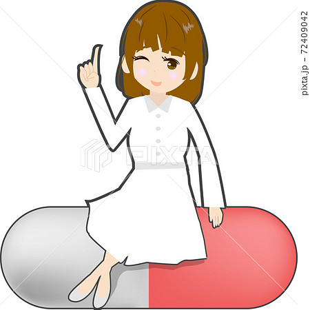 くすりのカプセルに座る可愛い薬剤師のイラストのイラスト素材