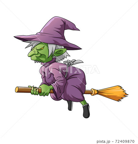 The green elf witch with the purple costume and using the magic broom for flying The green elf witch with the purple costume and using the magic broom for flying 72409870