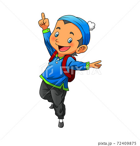 The boy using the Muslim outfit with the hat and bringing a red bag 72409875