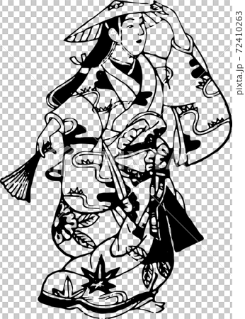 笠をかぶって扇子を持つ女性のイラスト素材