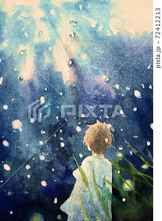 蛍の野原で夜空を見上げる男の子のイラストのイラスト素材