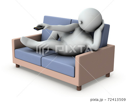 ソファーに寝そべり リモコンでザッピングする怠惰な男性 白バック 3dレンダリング のイラスト素材