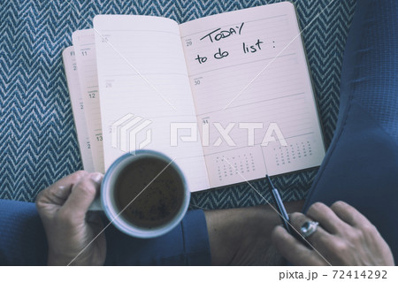 Above view of woman with hot cup of tea and notes with to do list plan - people and home activity - blue colors and indoor activity having relax sitting on the sofa- close up and unrecognizable Above view of woman with hot cup of tea and notes with to do list plan - people and home activity - blue colors and indoor activity having relax sitting on the sofa- close up and unrecognizable 72414292