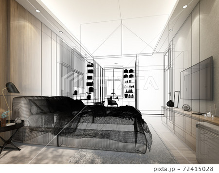 sketch design of interior living room,3d rendering sketch design of interior living room,3d rendering 72415028