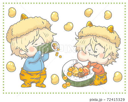 もぐもぐ恵方巻きの赤鬼 青鬼 節分セットのイラスト素材