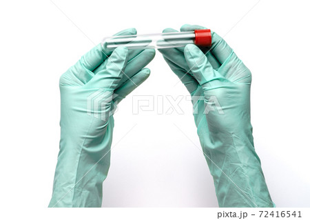 hand in latex glove holding blood sample in test tube close up isolated on white background hand in latex glove holding blood sample in test tube close up isolated on white background 72416541