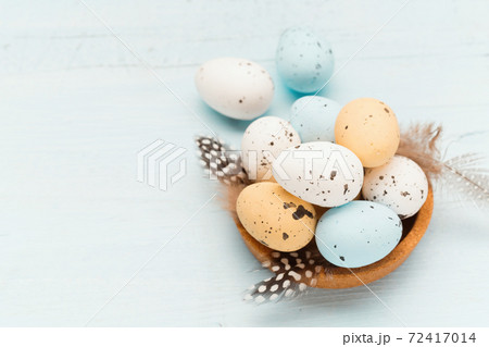 Easter craft eggs and branches on blue pastel background with space for text. 72417014