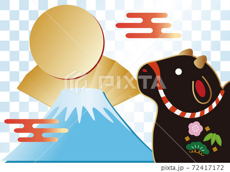 正月素材　丑年　牛　黒毛和牛　土鈴　背景　コピースペース　イラスト素材 72417172