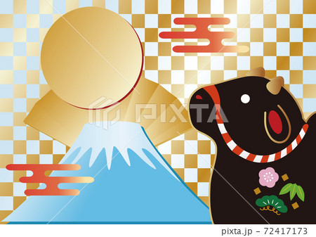 正月素材　丑年　牛　黒毛和牛　土鈴　背景　コピースペース　イラスト素材 72417173