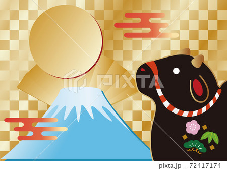 正月素材　丑年　牛　黒毛和牛　土鈴　背景　コピースペース　イラスト素材 72417174