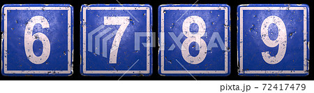 Set of public road sign in blue color with a white numbers 6, 7, 8, 9 in the center isolated black background. 3d Set of public road sign in blue color with a white numbers 6, 7, 8, 9 in the center isolated black background. 3d 72417479