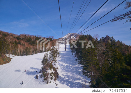 群馬県 冬の丸沼高原日光白根山ロープウェイから南東(白根山,ゲレンデ,山頂駅)方面を見る 72417554