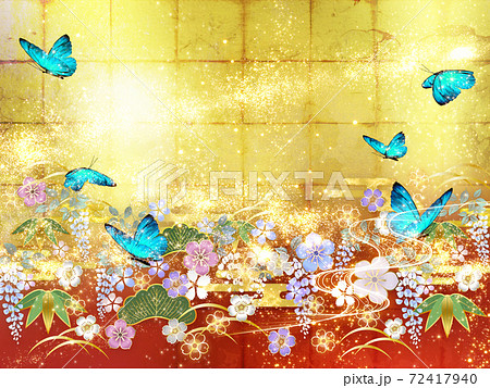 Japanese Style Flowers And Blue Butterflies Stock Illustration