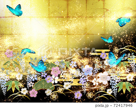 和風の花々と青い蝶々 金箔と黒の背景　横 72417946