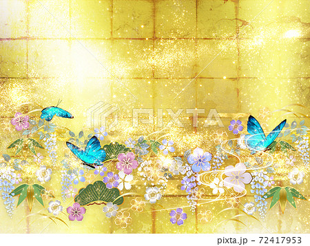 和風の花々と青い蝶々 金箔の背景 横 和風の花々と青い蝶々 金箔の背景 横 72417953