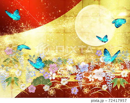 和風の花々と月と青い蝶々 金箔と赤の背景 横 和風の花々と月と青い蝶々 金箔と赤の背景 横 72417957