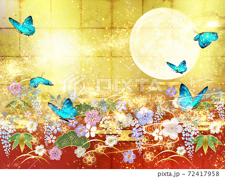 和風の花々と月と青い蝶々 金箔と赤の背景 横 和風の花々と月と青い蝶々 金箔と赤の背景 横 72417958