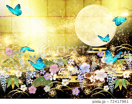 和風の花々と月と青い蝶々 金箔と黒の背景 横のイラスト素材