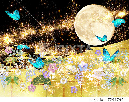 金屏風 漆枠 金屏風 漆枠付き 和風の花々と月と青い