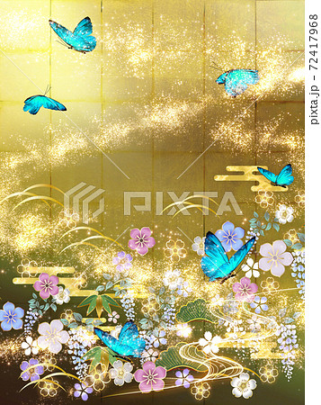 和風の花々と青い蝶々 金箔と茶色の背景 縦のイラスト素材
