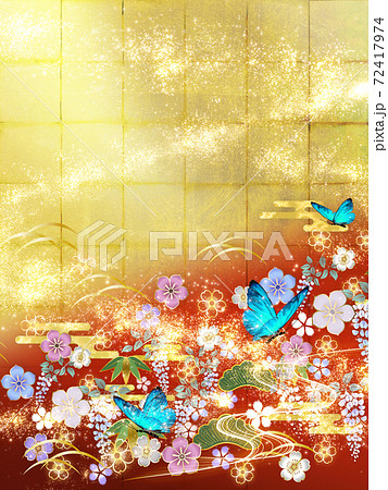 和風の花々と青い蝶々 金箔と赤の背景　縦 72417974
