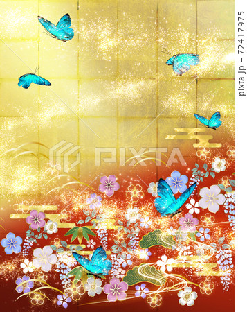 和風の花々と青い蝶々 金箔と赤の背景　縦 72417975