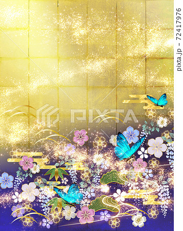 和風の花々と青い蝶々 金箔と青の背景　縦 72417976