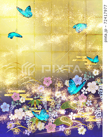 和風の花々と青い蝶々 金箔と青の背景　縦 72417977