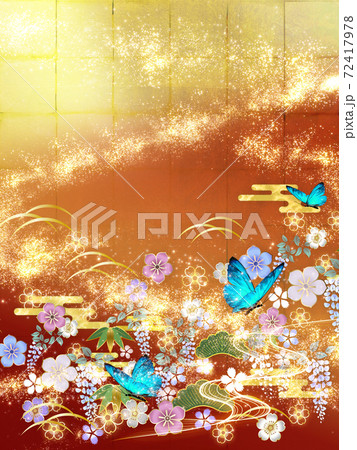 和風の花々と青い蝶々 金箔と赤の背景　縦 72417978