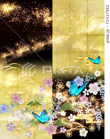 和風の花々と青い蝶々 金箔と黒の背景　縦 72417982