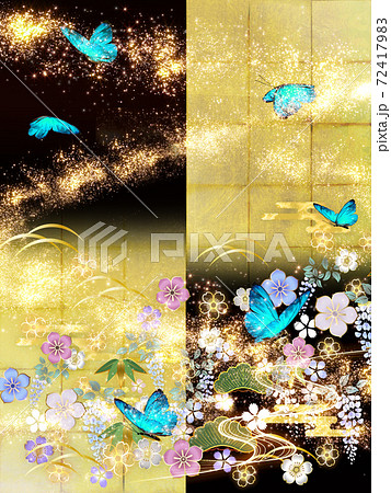 和風の花々と青い蝶々 金箔と黒の背景　縦 72417983