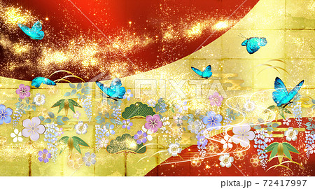 和風の花々と青い蝶々 金箔と赤の背景 横 和風の花々と青い蝶々 金箔と赤の背景 横 72417997