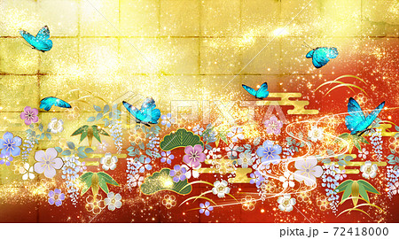 和風の花々と青い蝶々 金箔と赤の背景　横 72418000